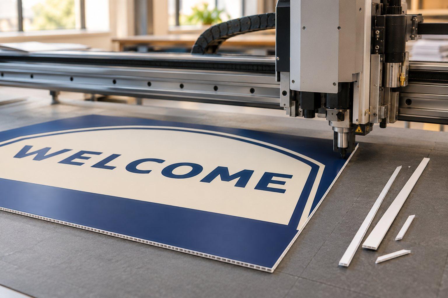 A digital cutter trimming a printed sign
