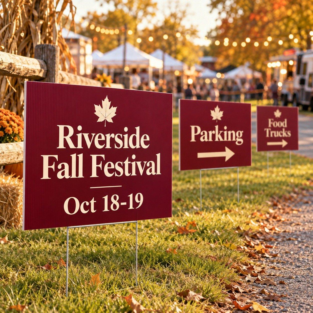 Printed festival and parking signs on H-stakes along a path at an autumn festival