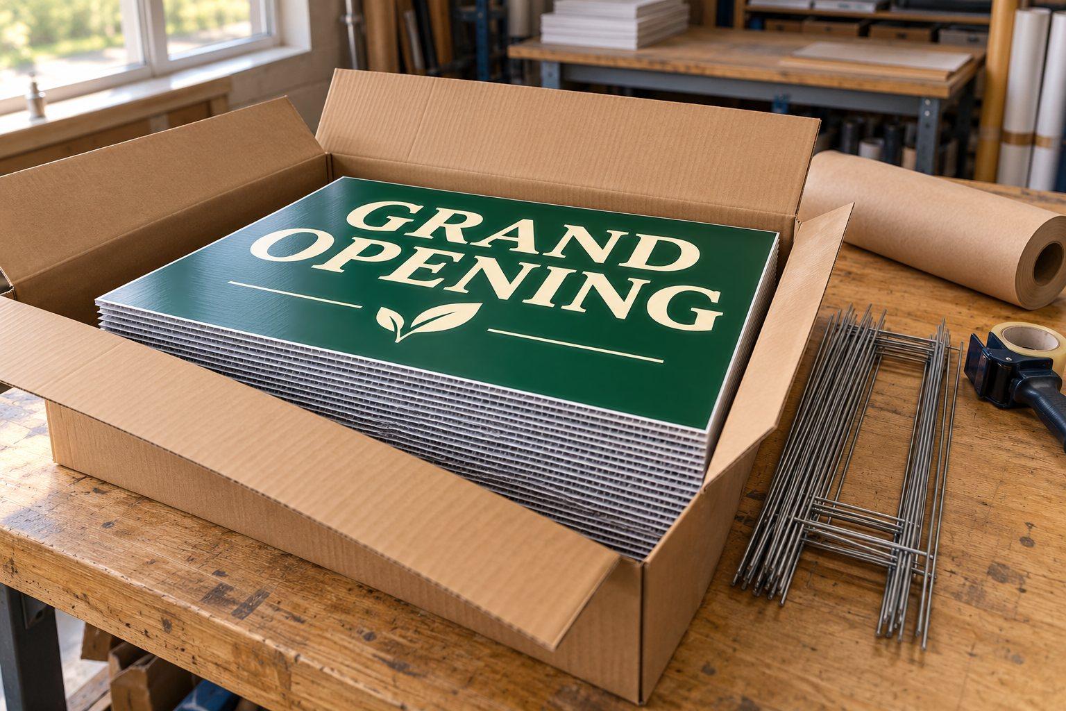 A box of printed grand opening signs being packed, with a bundle of wire H-stakes beside it