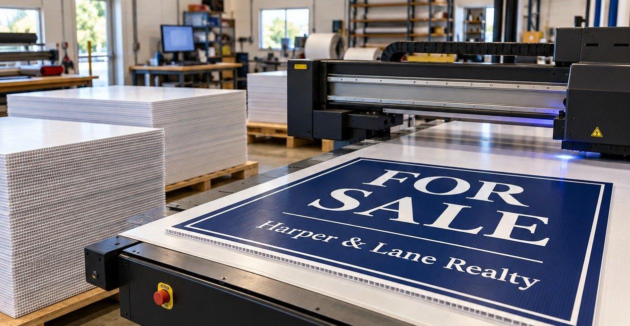 A UV flatbed printer printing a navy for-sale sign on white coroplast